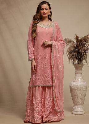 3 Pc Pink Unstitched Georgette Sequin Work Suit Set VDSL030340 - Indian Silk House Agencies