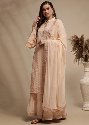 3 Pc Peach Unstitched Georgette Sequin Work Suit Set VDSL030342 - Indian Silk House Agencies