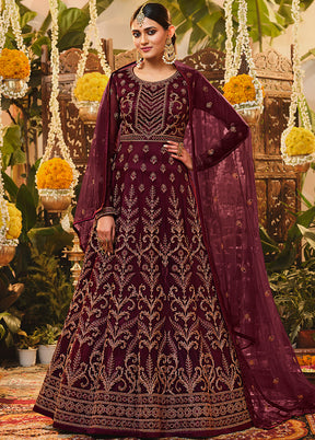 3 Pc Semistitched Wine Suit Set With Dupatta VDSL0130622 - Indian Silk House Agencies
