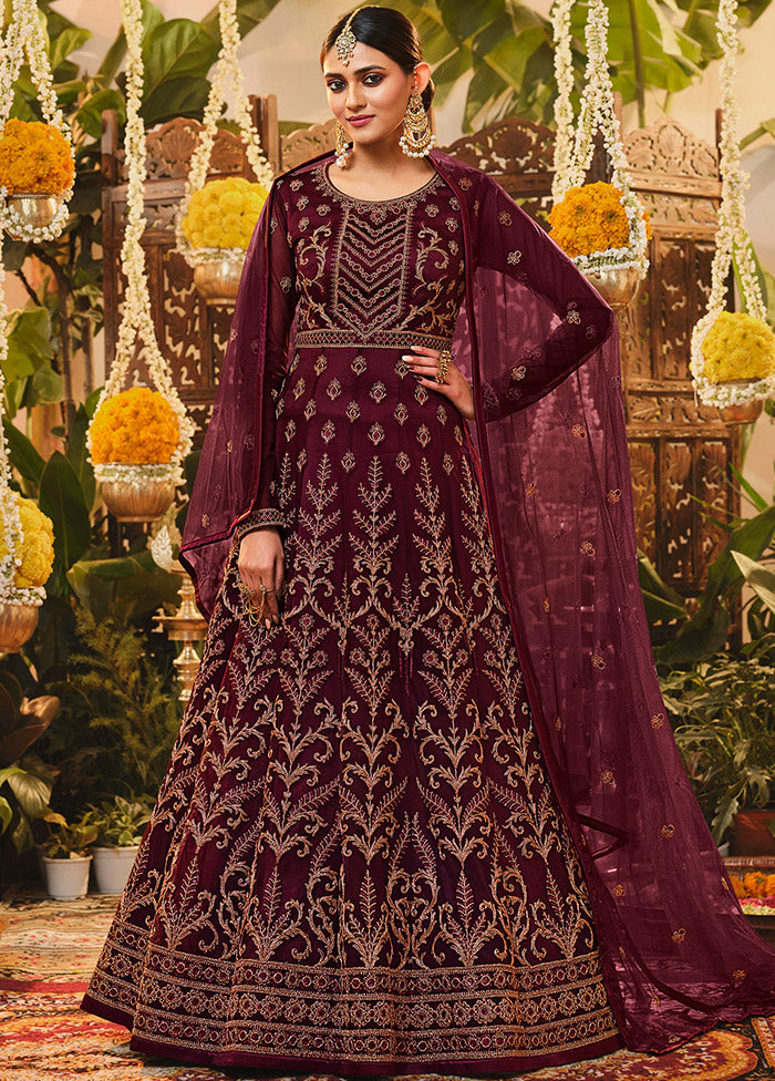 3 Pc Semistitched Wine Suit Set With Dupatta VDSL0130622 - Indian Silk House Agencies