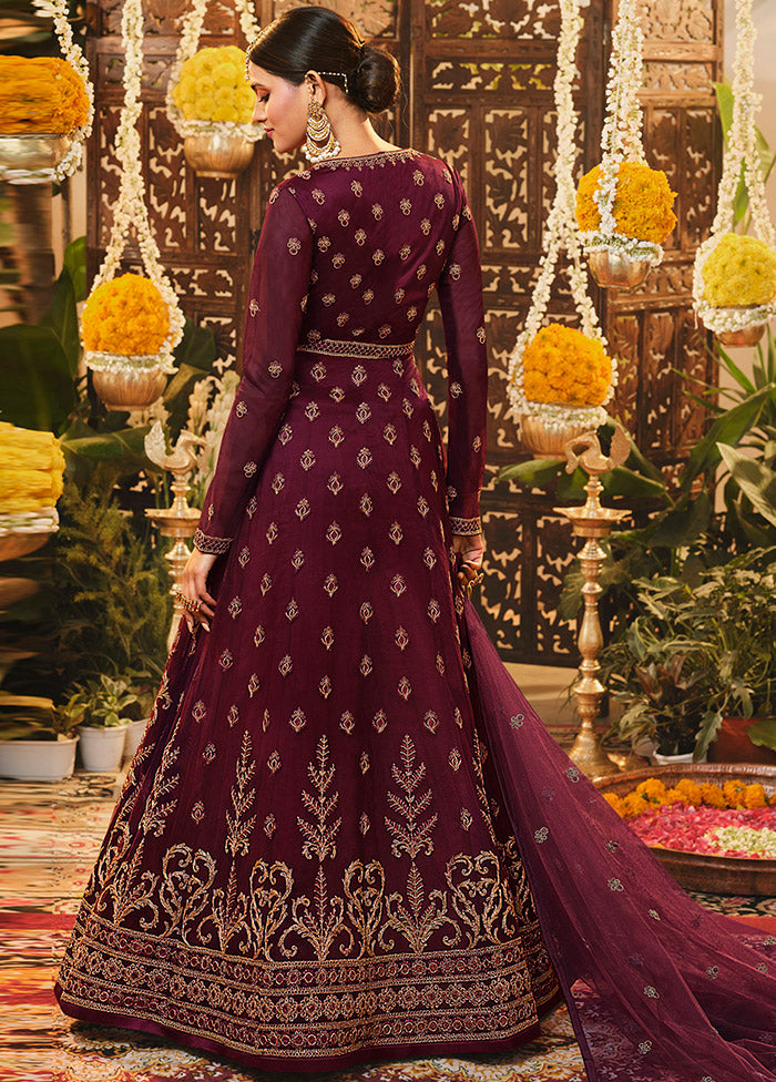 3 Pc Semistitched Wine Suit Set With Dupatta VDSL0130622 - Indian Silk House Agencies