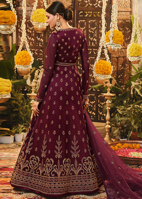 3 Pc Semistitched Wine Suit Set With Dupatta VDSL0130622 - Indian Silk House Agencies