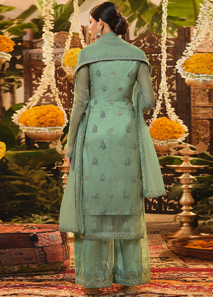 3 Pc Semistitched Green Suit Set With Dupatta VDSL0140622 - Indian Silk House Agencies