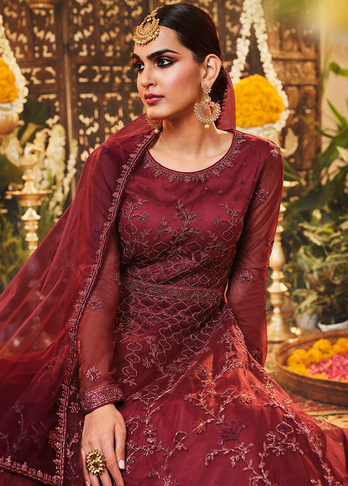 3 Pc Semistitched Maroon Suit Set With Dupatta VDSL0190622 - Indian Silk House Agencies
