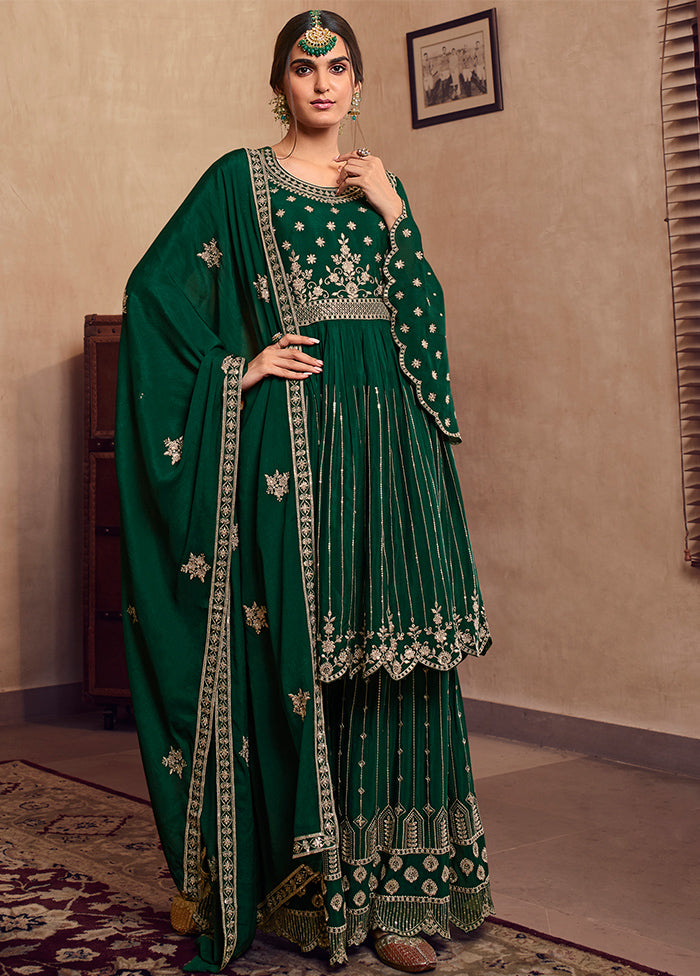 3 Pc Green Semi Stitched Chiffon Suit Set With Dupatta VDSL100160826 - Indian Silk House Agencies