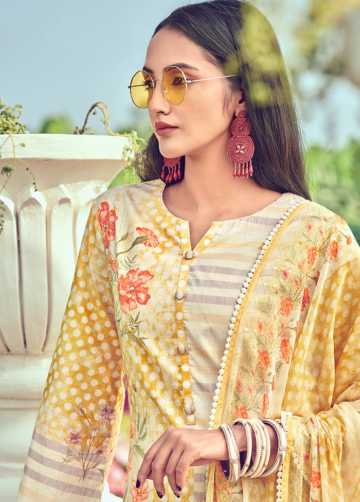 3 Pc Unstitched Yellow Cotton Salwar Suit VDSL040524 - Indian Silk House Agencies