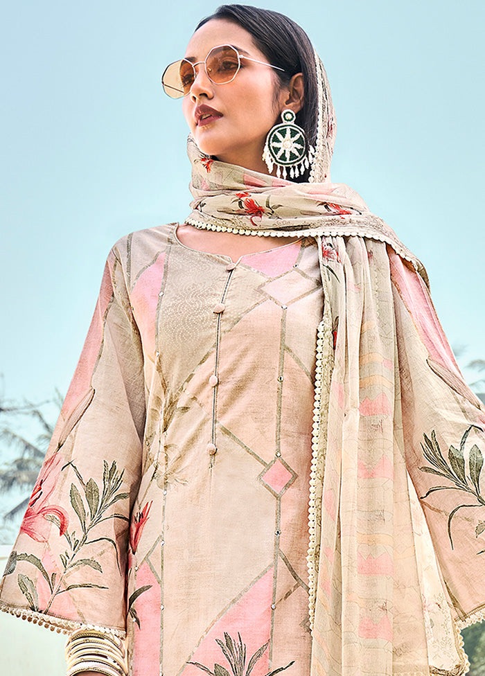 3 Pc Unstitched Cream Cotton Salwar Suit VDSL040527 - Indian Silk House Agencies