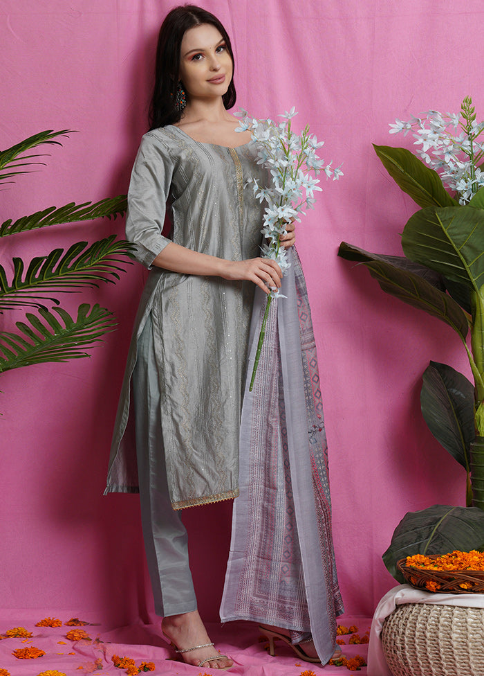 3 Pc Unstiched Grey Salwar Suit Set With Dupatta VDSL0040622 - Indian Silk House Agencies