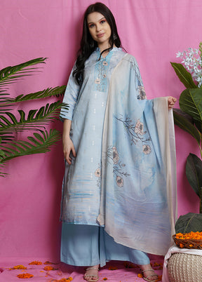 3 Pc Blue Unstitched Santoon Suit Set - Indian Silk House Agencies