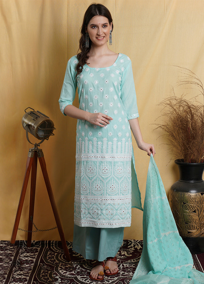 3 Pc Aqua Green Unstitched Suit Set With Dupatta VDSL001210622 - Indian Silk House Agencies