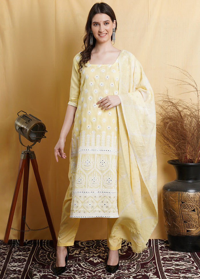 3 Pc Light Yellow Unstitched Suit Set With Dupatta VDSL001210624 - Indian Silk House Agencies