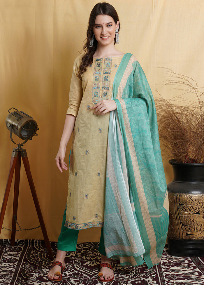 3 Pc Beige Unstitched Suit Set With Dupatta VDSL001210628 - Indian Silk House Agencies