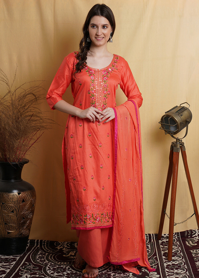 3 Pc Peach Unstitched Cotton Suit Set - Indian Silk House Agencies