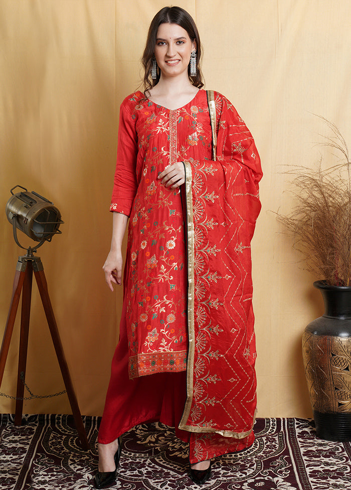 3 Pc Red Unstitched Santoon Suit Set - Indian Silk House Agencies