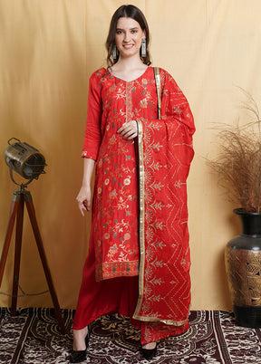 3 Pc Red Unstitched Santoon Suit Set - Indian Silk House Agencies