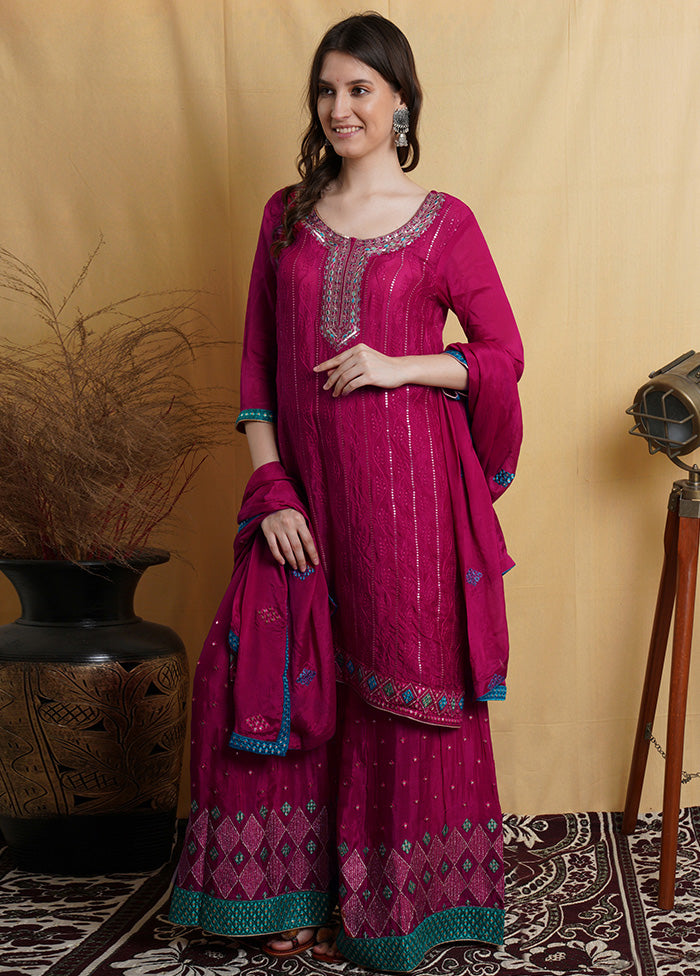 3 Pc Magenta Chiffon Unstitched Suit Set With Dupatta VDSL001230630 - Indian Silk House Agencies