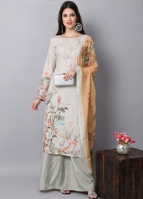 3 Pc Beige Unstitched Suit Set With Dupatta VDSL001010724 - Indian Silk House Agencies