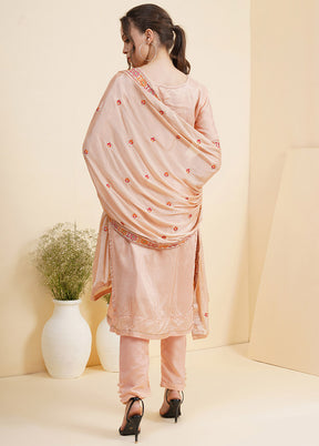 3 Pc Peach Unstitched Silk Suit Set With Dupatta VDSL10030722 - Indian Silk House Agencies