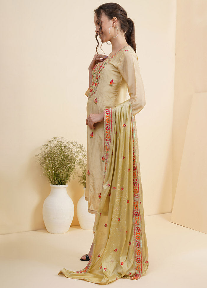 3 Pc Yellow Unstitched Silk Suit Set With Dupatta VDSL10030724 - Indian Silk House Agencies