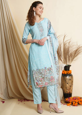 3 Pc Sky Blue Unstitched Silk Suit Set With Dupatta VDSL100010830 - Indian Silk House Agencies