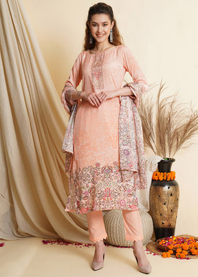 3 Pc Peach Unstitched Silk Suit Set With Dupatta VDSL100010831 - Indian Silk House Agencies
