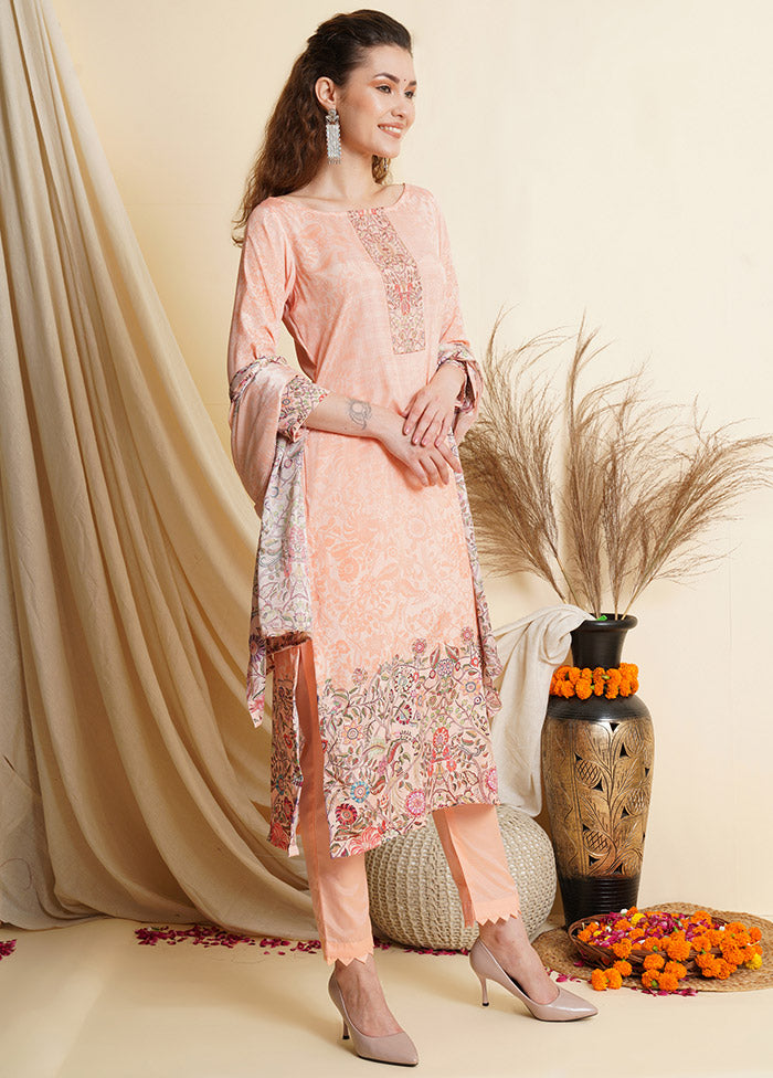 3 Pc Peach Unstitched Silk Suit Set With Dupatta VDSL100010831 - Indian Silk House Agencies