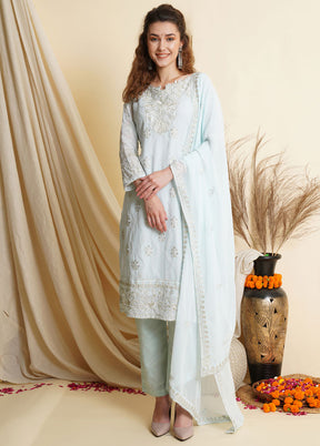 3 Pc Sky Blue Georgette Thread Work Unstitched Suit Set VDSL001080832 - Indian Silk House Agencies