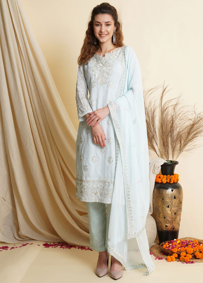 3 Pc Sky Blue Georgette Thread Work Unstitched Suit Set VDSL001080832 - Indian Silk House Agencies