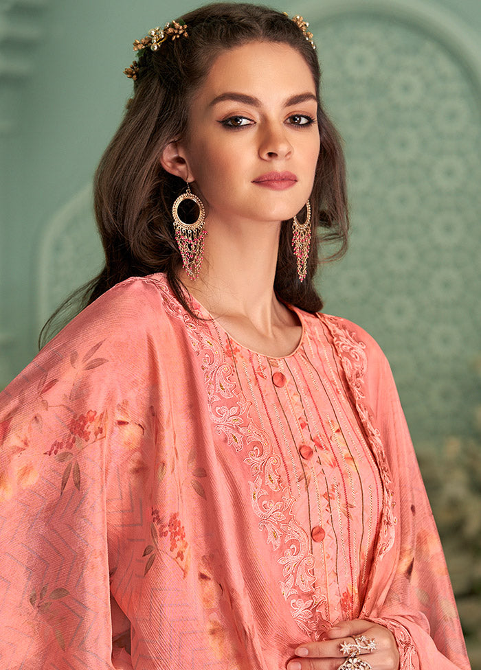 3 Pc Peach Unstitched Silk Suit Set With Dupatta VDSL10030729 - Indian Silk House Agencies