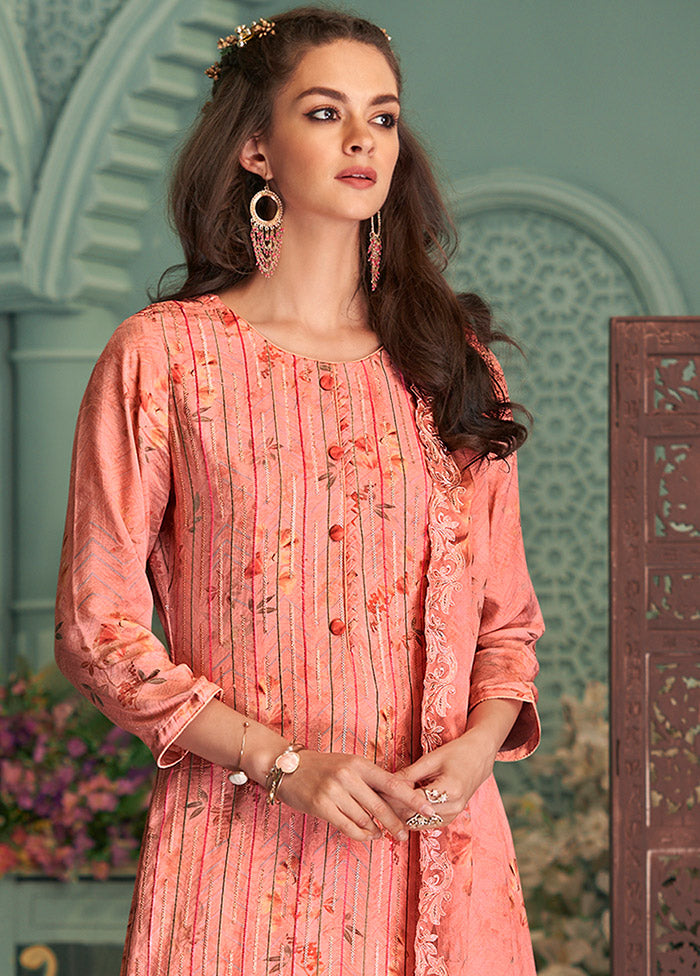 3 Pc Peach Unstitched Silk Suit Set With Dupatta VDSL10030729 - Indian Silk House Agencies