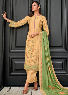 3 Pc Cream Unstitched Pure Muslin Suit Set - Indian Silk House Agencies