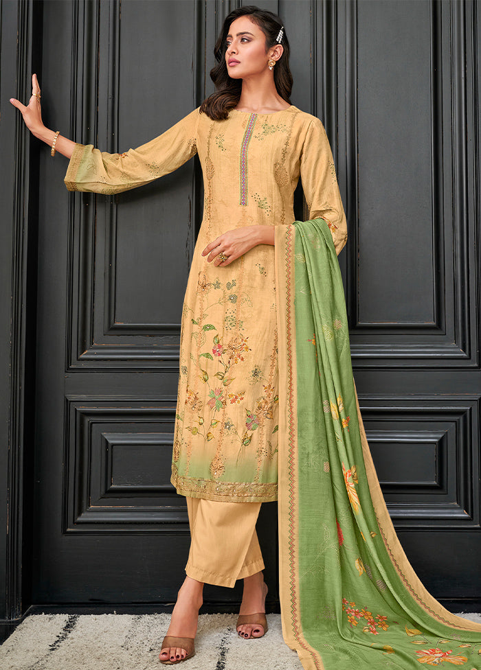 3 Pc Cream Unstitched Pure Muslin Suit Set - Indian Silk House Agencies