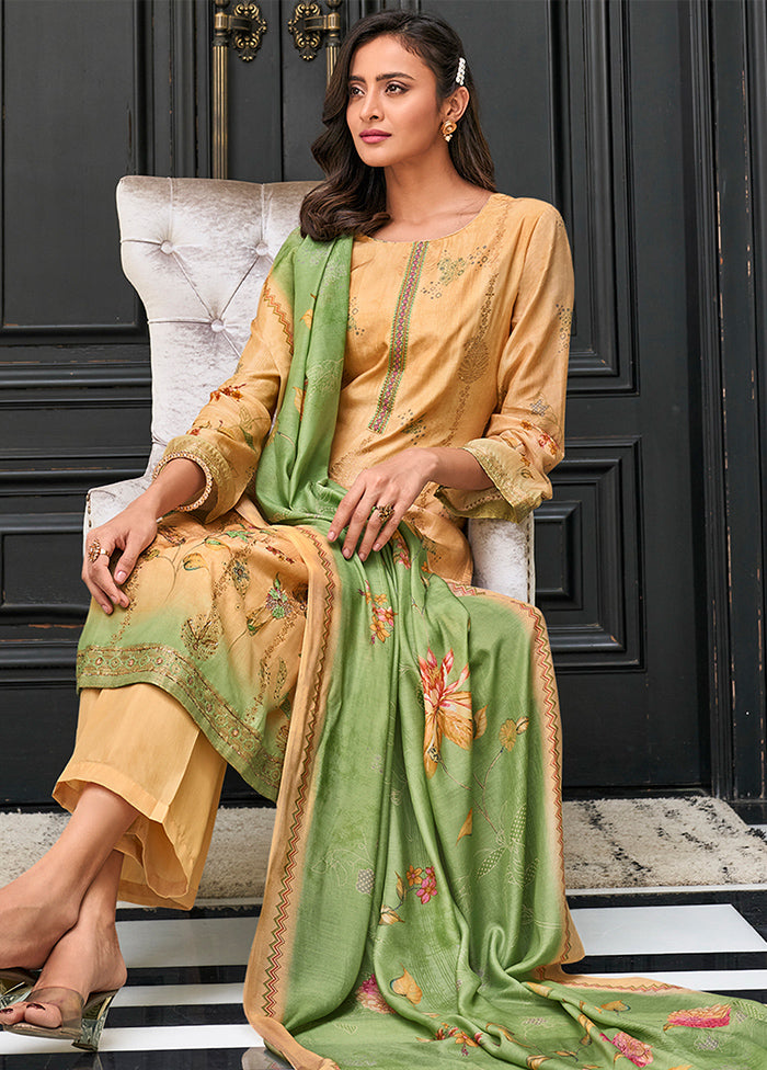 3 Pc Cream Unstitched Pure Muslin Suit Set - Indian Silk House Agencies