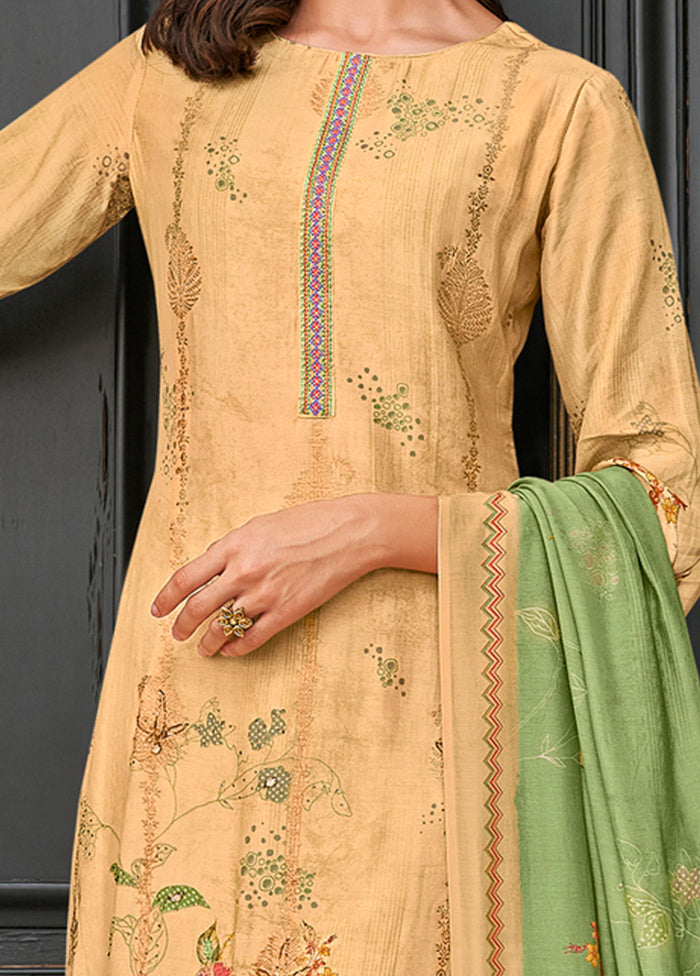 3 Pc Cream Unstitched Pure Muslin Suit Set - Indian Silk House Agencies