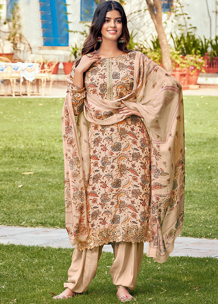 3 Pc Beige Unstitched Crepe Suit Set With Dupatta VDSL100230828 - Indian Silk House Agencies