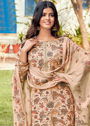 3 Pc Beige Unstitched Crepe Suit Set With Dupatta VDSL100230828 - Indian Silk House Agencies