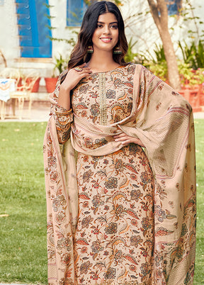 3 Pc Beige Unstitched Crepe Suit Set With Dupatta VDSL100230828 - Indian Silk House Agencies