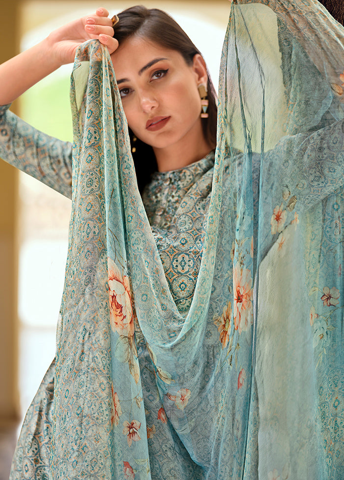 3 Pc Blue Unstitched Muslin Suit Set - Indian Silk House Agencies