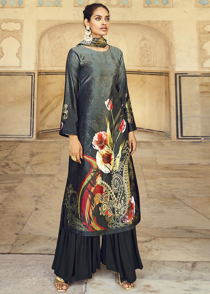 3 Pc Grey Unstitched Velvet Suit Set With Dupatta VDSL610233 - Indian Silk House Agencies