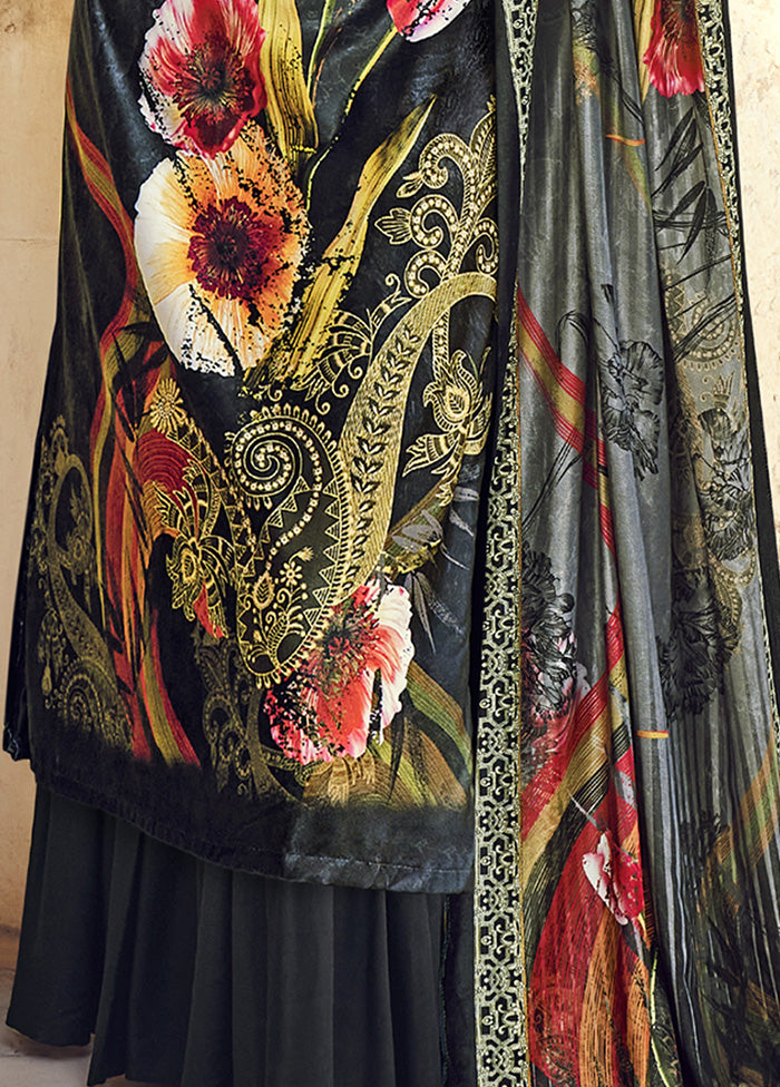 3 Pc Grey Unstitched Velvet Suit Set With Dupatta VDSL610233 - Indian Silk House Agencies