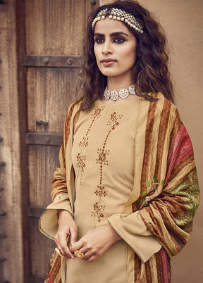 3 Pc Beige Unstitched Velvet Suit Set With Dupatta VDSL1110229 - Indian Silk House Agencies