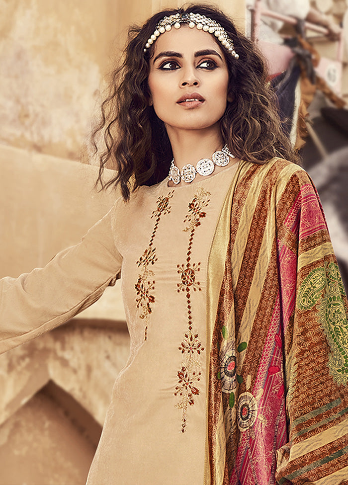 3 Pc Beige Unstitched Velvet Suit Set With Dupatta VDSL1110229 - Indian Silk House Agencies