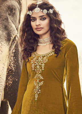 Mustard Unstitched Velvet Zardosi Suit Set With Dupatta VDSL1110232 - Indian Silk House Agencies