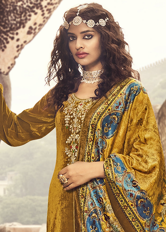Mustard Unstitched Velvet Zardosi Suit Set With Dupatta VDSL1110232 - Indian Silk House Agencies