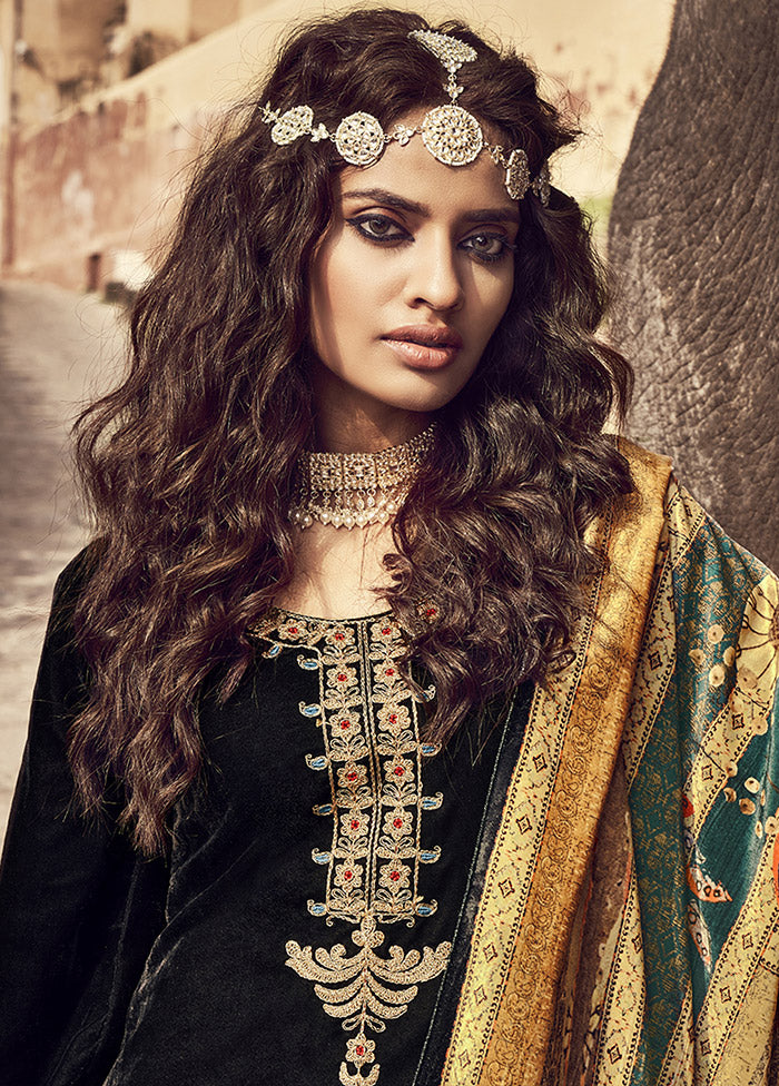3 Pc Black Unstitched Velvet Suit Set With Dupatta VDSL1110234 - Indian Silk House Agencies