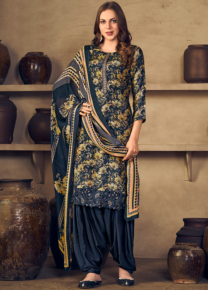 3 Pc Navy Blue Unstitched Silk Suit Set With Dupatta VDSL1110246 - Indian Silk House Agencies