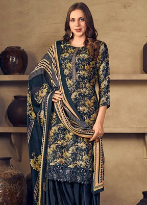 3 Pc Navy Blue Unstitched Silk Suit Set With Dupatta VDSL1110246 - Indian Silk House Agencies
