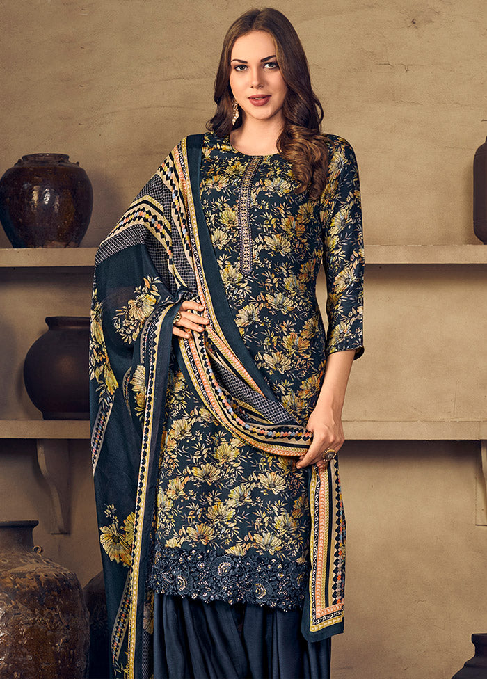 3 Pc Navy Blue Unstitched Silk Suit Set With Dupatta VDSL1110246 - Indian Silk House Agencies