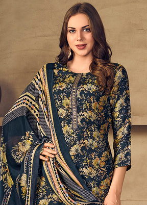 3 Pc Navy Blue Unstitched Silk Suit Set With Dupatta VDSL1110246 - Indian Silk House Agencies