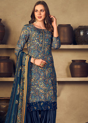 3 Pc Navy Blue Unstitched Silk Suit Set With Dupatta VDSL1110250 - Indian Silk House Agencies